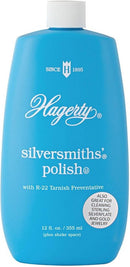 Blue bottle of Hagerty Silversmiths' Polish (12 fl. oz.), formulated to clean silver, silverplate, and gold jewelry and prevent tarnish.
