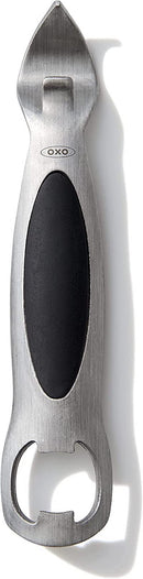 A durable and ergonomic bottle opener from OXO, made of brushed stainless steel with a black grip.
