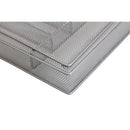closeup of Silver 5-compartment mesh cutlery organizer tray made of metal, shown on a white background.