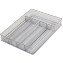 Silver 5-compartment mesh cutlery organizer tray made of metal, shown on a white background.