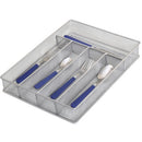 Silver 5-compartment mesh cutlery organizer tray made of metal, shown on a white background.