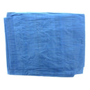 Blue heavy-duty poly tarp in its original packaging. The label highlights features like double laminated coating, extra strength weave, sun and fade resistance, rot and rust-proof material, and heat-sealed seams. The tarp measures 12' x 16' and is ideal for covering construction sites, farm equipment, machinery, trucks, boats, and more.