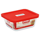 Pyrex 4-cup square glass container with a red BPA-free lid, shown on a white background.