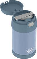THERMOS FUNTAINER 16-ounce denim blue insulated stainless steel kids food jar with foldable spoon, shown with lid open on a white background.
