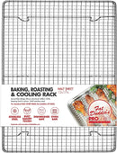 A stainless steel 12" x 17" cooling and baking rack with a cross-wire grid and six supporting feet shown on a white background.