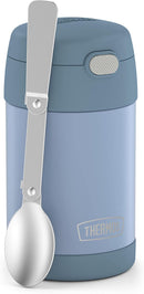 THERMOS FUNTAINER 16-ounce denim blue insulated stainless steel kids food jar with foldable spoon, shown on a white background.