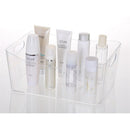 Clear plastic storage bin with built-in handles on both sides. The transparent design allows for easy visibility of contents, making it ideal for organizing pantry, kitchen, or household items.