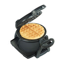 Proctor Silex Belgian waffle maker in black with a flip mechanism, cool-touch handle, nonstick plates, and a removable drip tray, set against a white background.