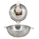 This image displays a 13.4-inch stainless steel colander or basket. The product is shown both in its retail packaging (top, circular view) and as an unboxed, complete item (bottom, frontal view). The colander has a perforated mesh design for draining and features two small loop handles on its sides, along with three small feet on its base for stability.