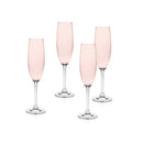 Set of four blush pink flute glasses from the Meridian collection shown on a white background.