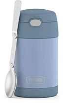 THERMOS FUNTAINER 16-ounce denim blue insulated stainless steel kids food jar with foldable spoon, shown on a white background.