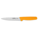 Yellow-handled 5.5-inch stiff boning knife with wide straight blade on a white background.