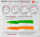 Kuhn Rikon COLORI+ Non-Stick Straight and Serrated Paring Knives with Safety Sheaths, Set of 2, Orange and Green