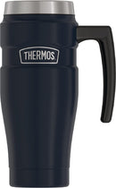 Midnight blue THERMOS Stainless King 16-ounce travel mug with handle and leak-proof lid, displayed on a white background.