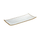 Rectangular glass serving tray with a gold rim and textured surface, measuring 18.5 by 7.5 inches, on a white background.
