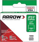 Box of Arrow thin wire staples, 1000-pack in grey, displayed on a white background.