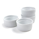 Set of four white round porcelain ramekins, each with an 8oz capacity, arranged neatly on a white background.