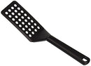 Black nylon slotted spatula with a narrow, beveled edge and long handle, shown on a white background.