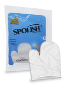 Packaging of the Ner Mitzvah Silver Polish Glove by Kettleandcords features a blue and white design. The transparent front displays a set of polishing gloves, with text emphasizing their reusable nature, instant shine capability, and mess-free application.