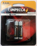 Impecca AAA 1.5V alkaline batteries in blister card packaging on a white background.