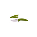 Artika ceramic paring knife with white blade, olive green handle, and matching protective sheath for safe storage. Ideal for precise kitchen tasks.