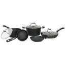 Visual representation of the Starfrit The Rock 8-piece cookware set, showcasing the variety of pots and pans included, from saucepans and a stockpot to fry pans with and without lids, along with their respective sizes in quarts/liters and inches/centimeters.