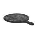 A round serving board made of dark, possibly black-stained wood, featuring a handle with a hole for hanging. The wood grain is visible.