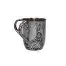 Silver and black marbled stainless steel cup with a curved handle.