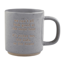Gray stoneware mom mug with exposed base and humorous text, shown on a white background.