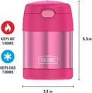  THERMOS FUNTAINER 10-ounce pink kids food jar with push-button lid and foldable spoon, shown with dimensions on a white background.