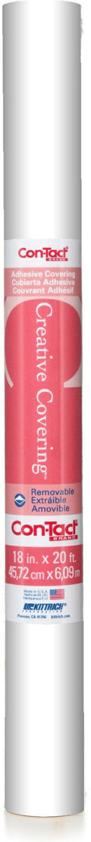 Roll of Con-Tact Brand Creative Covering adhesive liner, measuring 18 inches by 20 feet. Removable and easy to apply, ideal for lining shelves, drawers, and other surfaces.