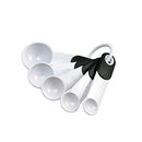 A set of five white plastic measuring spoons with the following approximate sizes: 1 tablespoon, 1/2 tablespoon, 1 teaspoon, 1/2 teaspoon, 1/4 teaspoon.