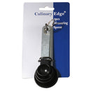 Culinary Edge brand set of four black plastic measuring spoons held together by a silver metal ring, displayed on a blue and white card.