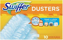 A ten-count package of Swiffer brand dusters, designed to trap and lock dust on multiple surfaces.