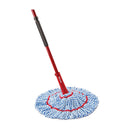 Angled view of an O-Cedar EasyWring Microfiber Spin Mop, showing the red handle, black grip, wringing mechanism near the base, and the circular blue and white microfiber mop head with red accents.
