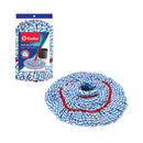 Image shows an O-Cedar MicroTwist MAX mop refill, featuring blue and white absorbent microfiber strands arranged in a circular pattern with red scrubbing strips. The packaging is visible in the background.