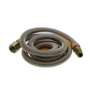A flexible corrugated stainless steel gas connector with yellow coating underneath and brass fittings on each end.