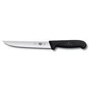 Victorinox Fibrox Pro boning knife, stainless steel blade with curved edge, black non-slip handle, professional kitchen cutlery.
