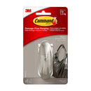 Medium brushed nickel adhesive hook by Command with included mounting strips, shown on a white background.