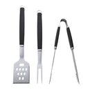 A set of three grilling tools by Farberware, featuring a spatula with slots and a bottle opener, a two-pronged fork, and locking tongs with serrated edges.