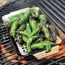 ukon Glory 3-Piece Professional Mini Grilling Basket Set, including a rectangular basket, a deeper pan with wave base, and a round basket, all made of stainless steel with perforations.