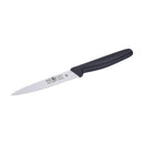 Icel 4-inch straight paring knife with a black handle and stainless steel blade, shown on a white background.