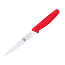 Icel 4-inch paring knife with a serrated blade and red handle.