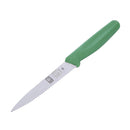 Icel 4-inch paring knife with a serrated blade and green handle.