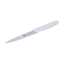 Icel 4-inch paring knife with a serrated blade and white handle.