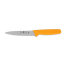 5.5-inch serrated kitchen knife with a yellow handle shown on a white background.