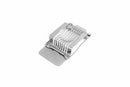 A silver-toned Fox Run egg slicer with wires stretched across a cradle. A hinged top with additional slicing wires is lifted open. A base plate extends from the bottom.