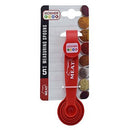 A red 5-piece measuring spoon set stacked on a white background.