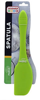 Green silicone spatula from The Kosher Cook, clearly marked "PARVE" for kosher kitchens, shown in retail packaging.
