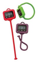 Taylor Anywhere Timers in red, green, and purple, showcasing their digital displays and flexible silicone straps that allow them to hang, stand, or wrap around objects.
